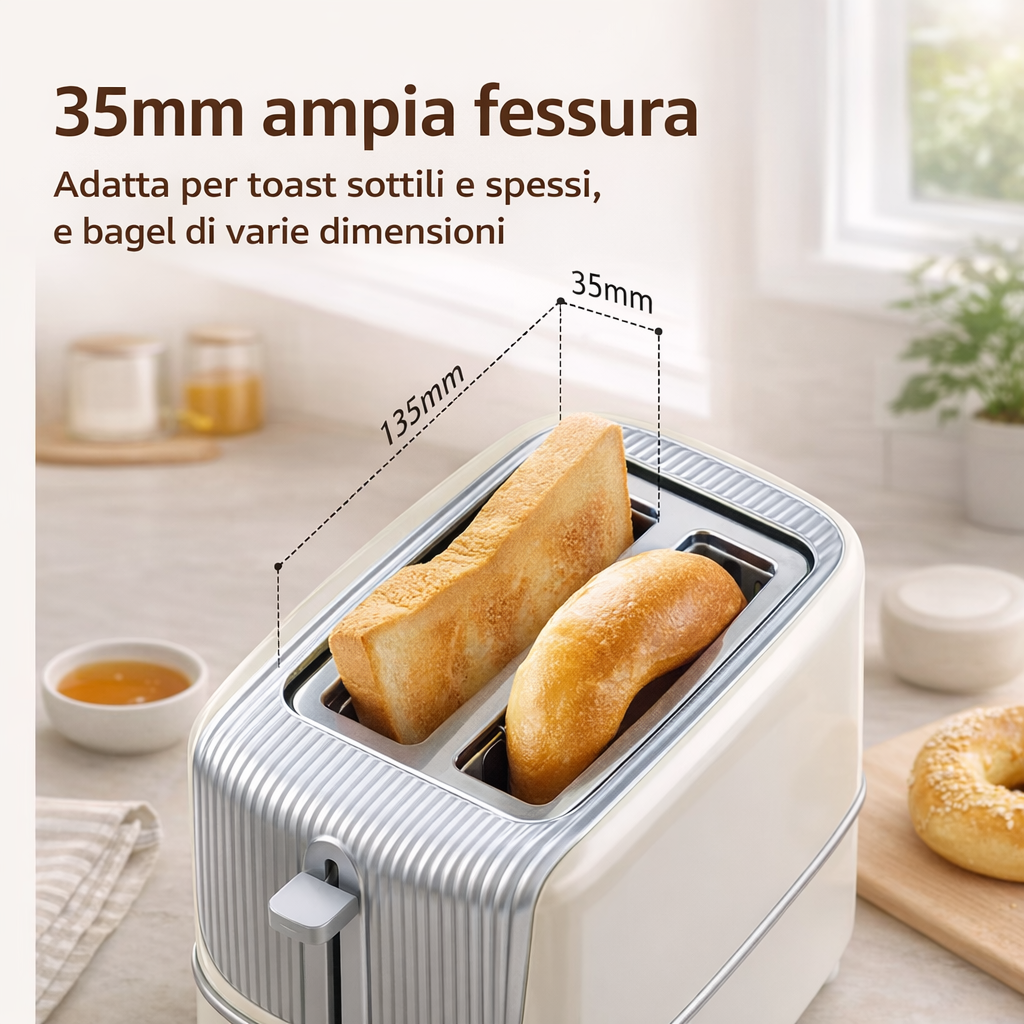 Tostapane bianco a 2 fette con ampia fessura e toast in vassoio interno
