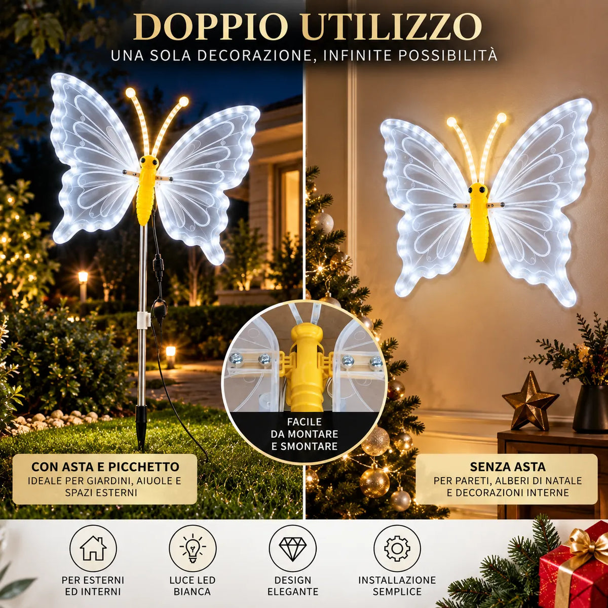 Farfalla LED decorativa con asta e luci su prato, due sagome a farfalla luminose