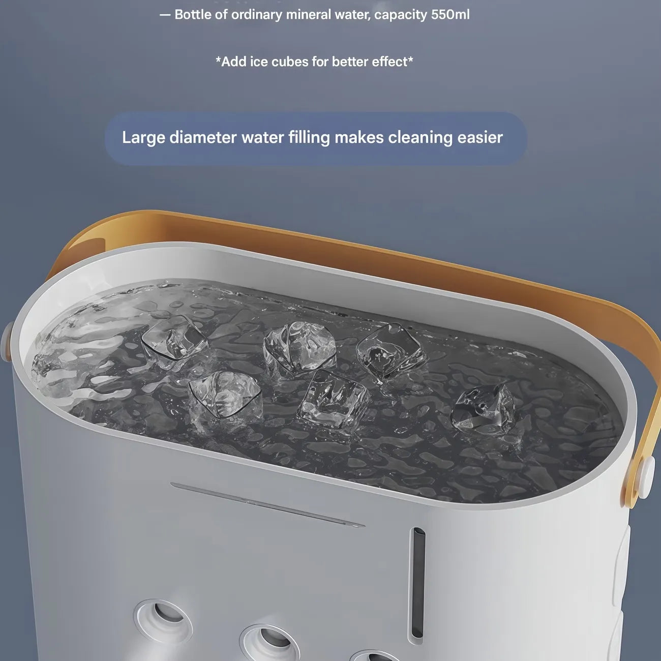 Vasca acqua trasparente del ventilatore raffreddatore con cubetti di ghiaccio, corpo bianco