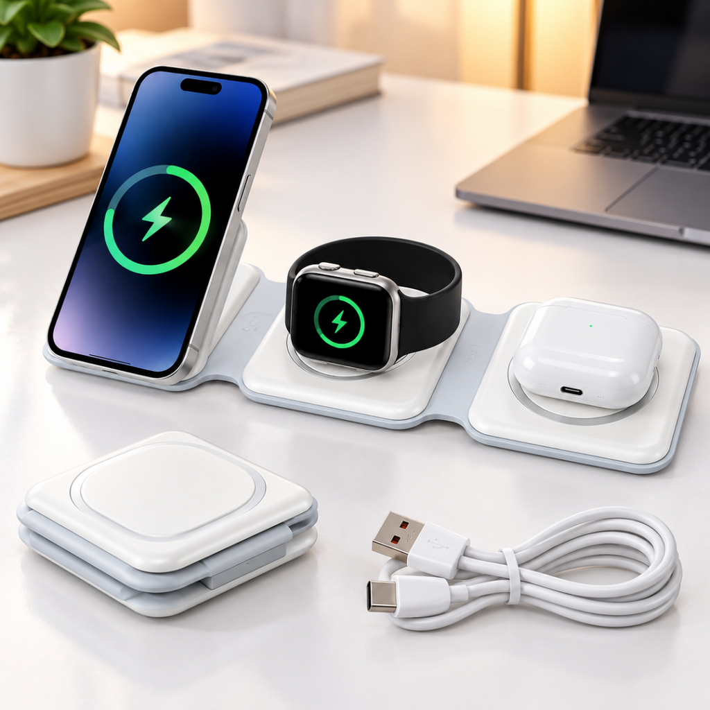 Base 3 in 1 pieghevole con ricarica magnetica: smartphone, smartwatch, auricolari