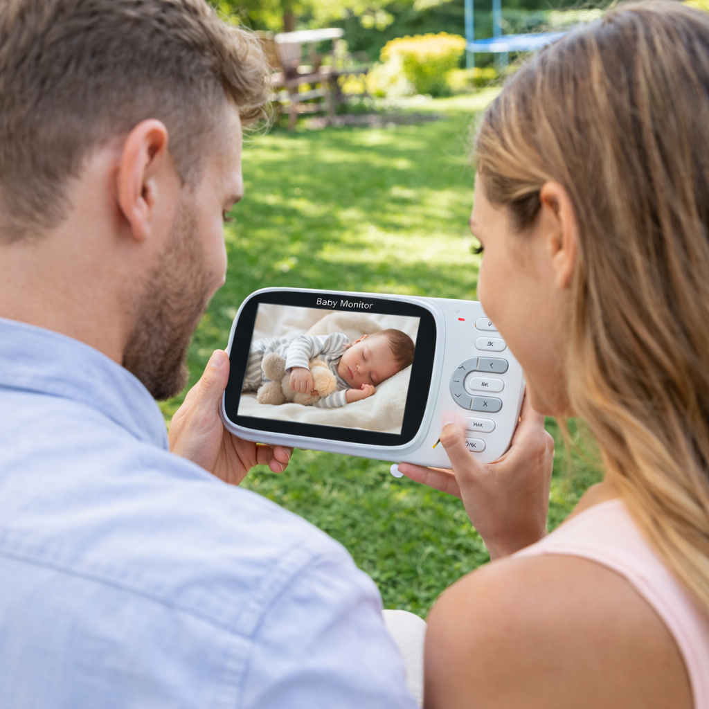 Monitor video per bebè wireless con schermo a colori, tenuto da coppia all’aperto