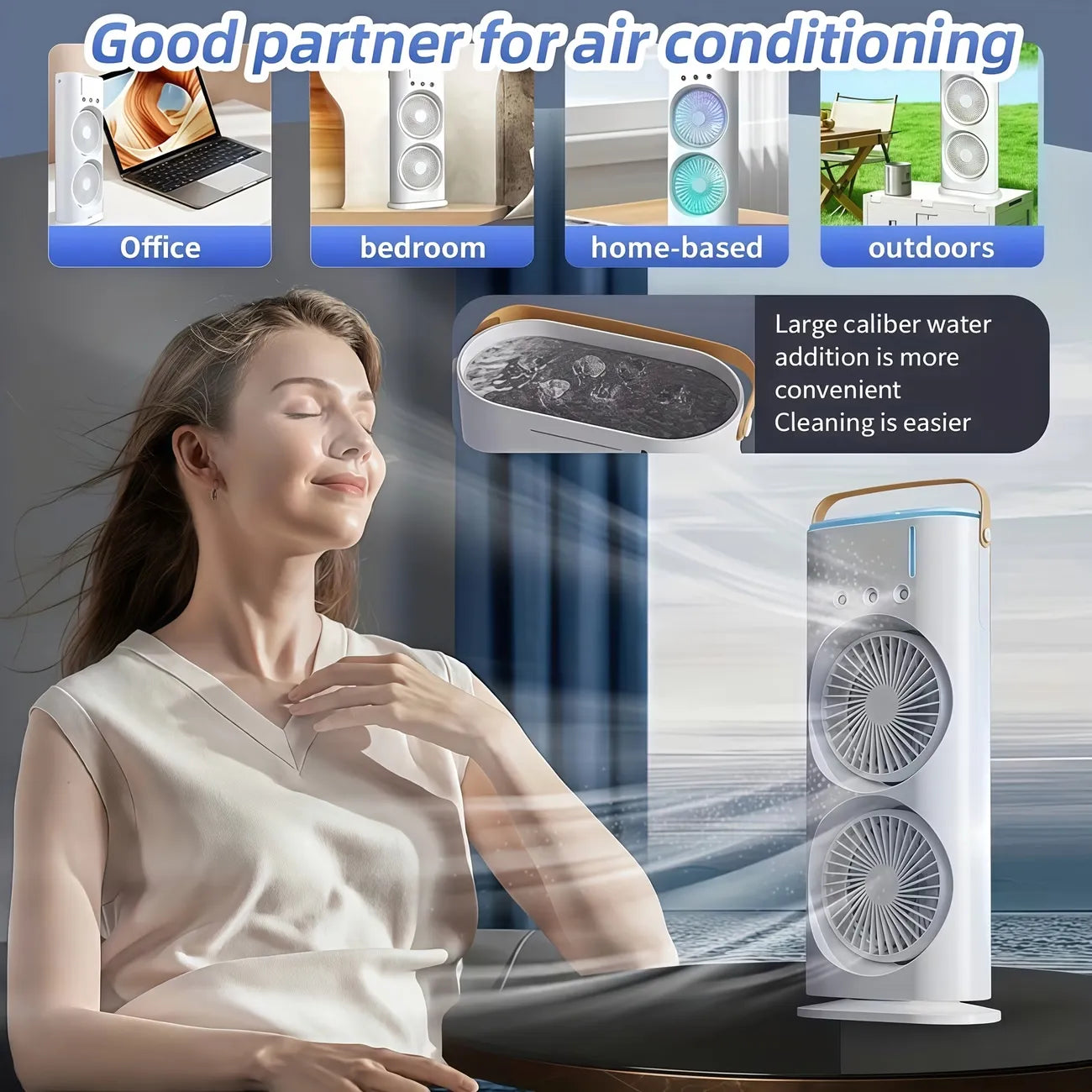 Ventilatore raffreddatore bianco con doppia uscita aria e diffusori circolari