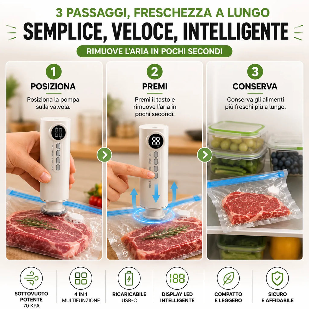Macchina Sottovuoto Portatile Senza Fili Ricaricabile USB con Display LED Digitale | Sigillatrice Sottovuoto per Alimenti Umidi e Secchi Wet & Dry