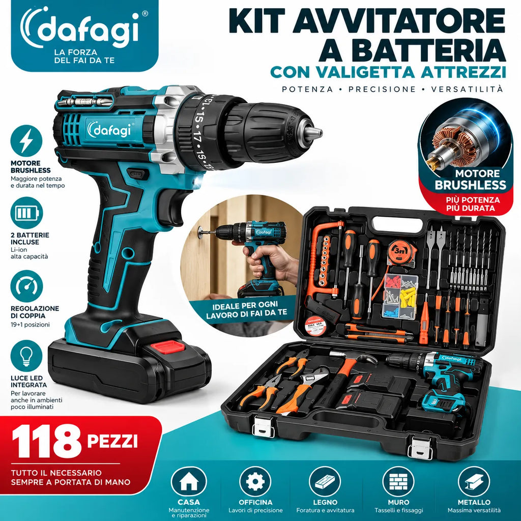 Kit avvitatore 48V con trapano e valigetta attrezzi: accessori e punte arancioni