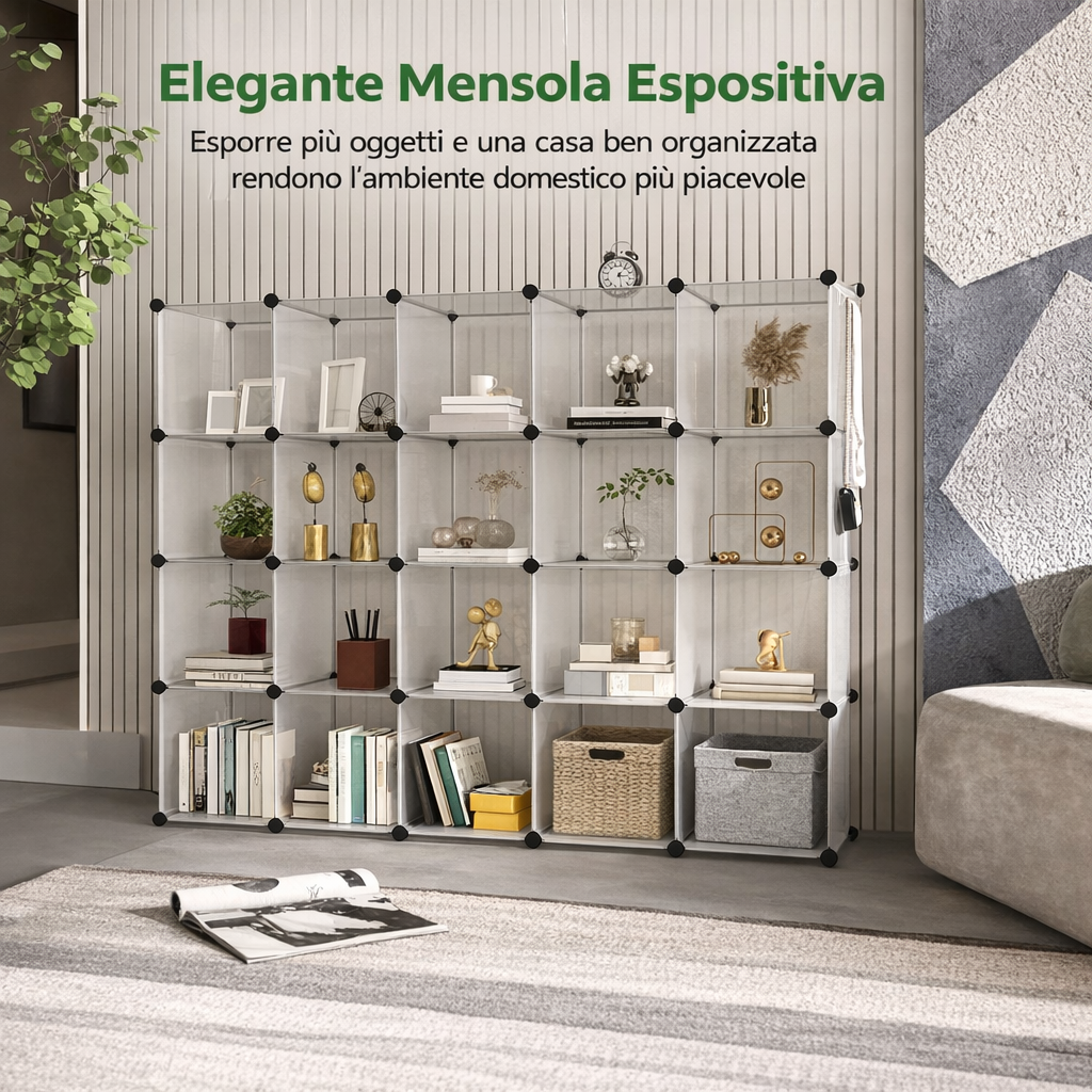 Libreria Modulare Trasparente 20 Cubi – Scaffale Componibile con Connettori Rinforzati – Mobile Multiuso per Studio, Soggiorno, Ufficio
