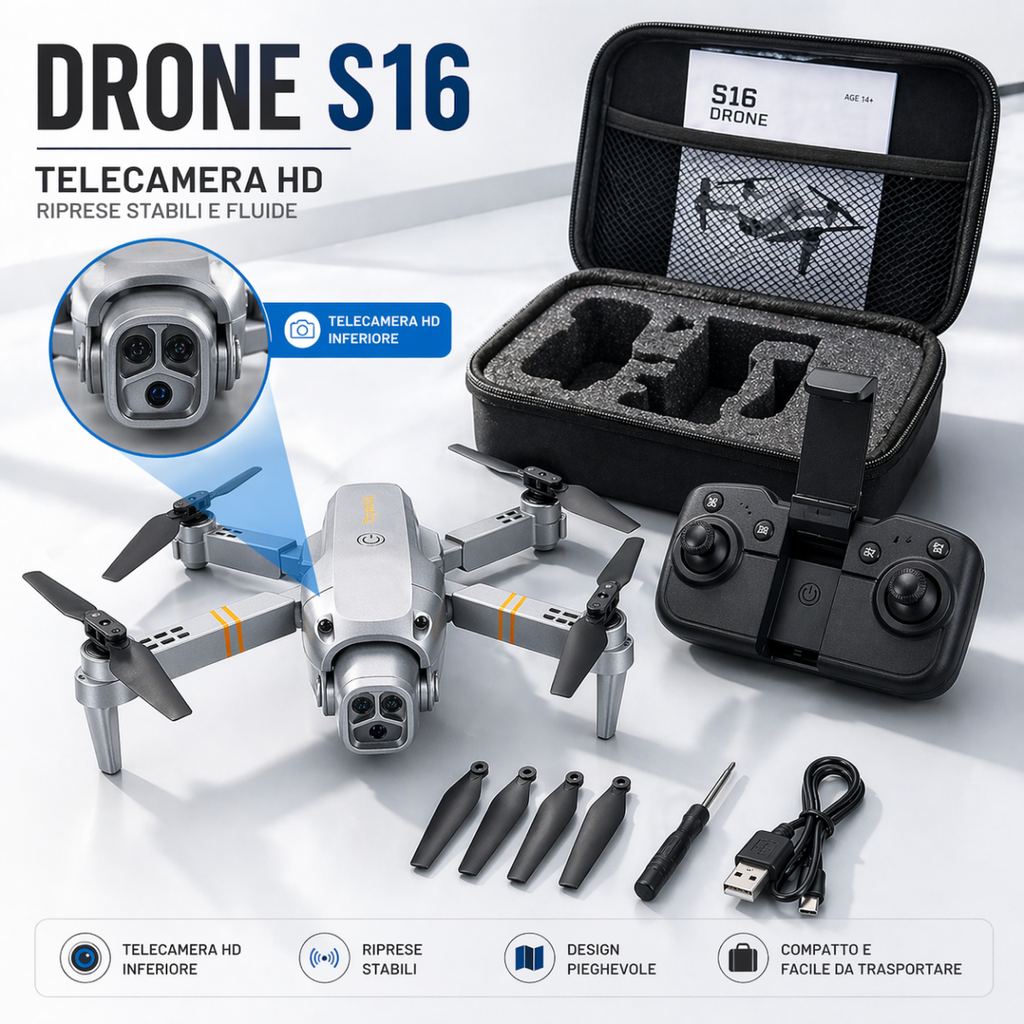 Mini drone pieghevole con telecamera HD, valigetta rigida e telecomando, accessori