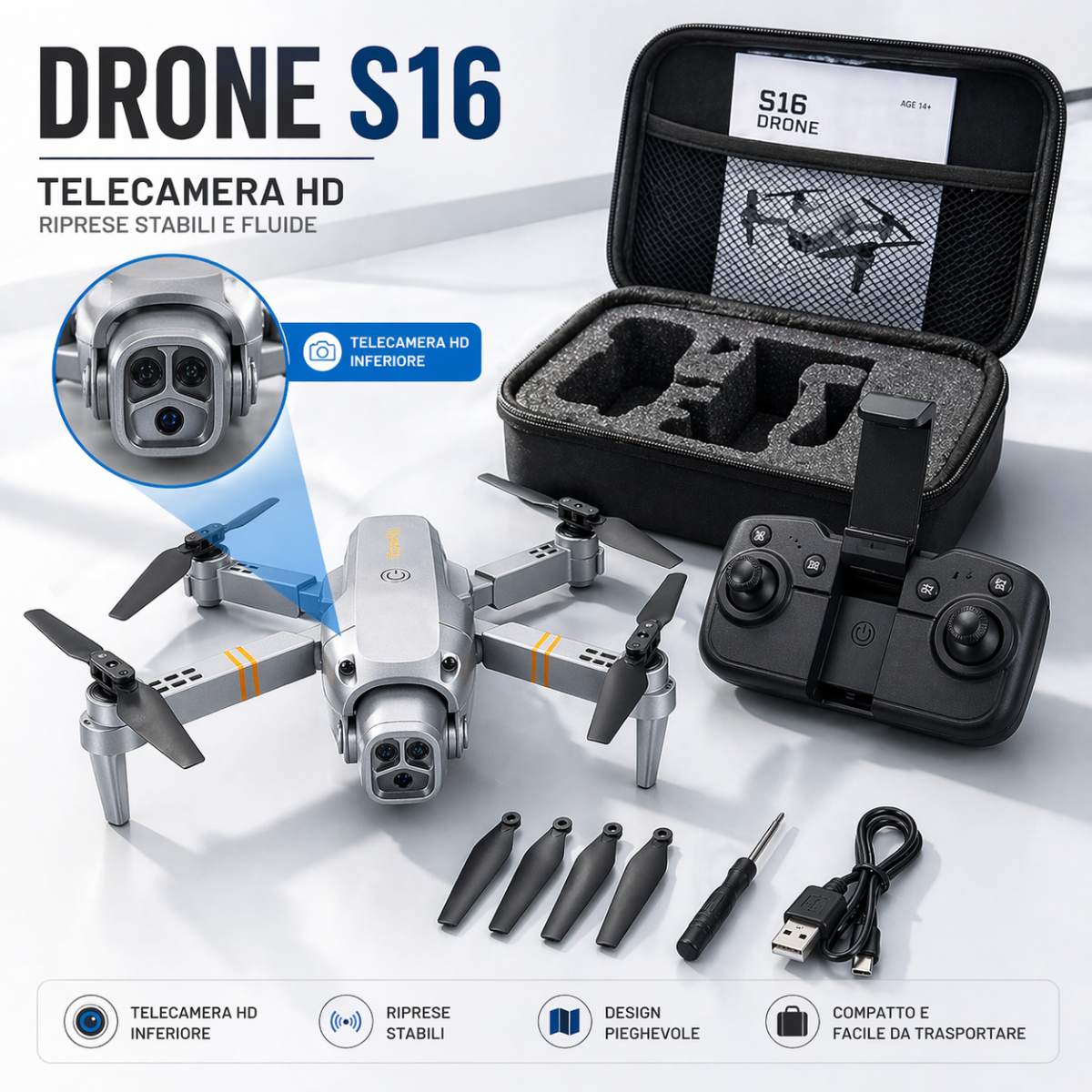Mini drone pieghevole con telecamera HD, valigetta rigida e telecomando, accessori