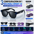 Occhiali smart AI neri con fotocamera HD e lenti scure, modulo blu laterale
