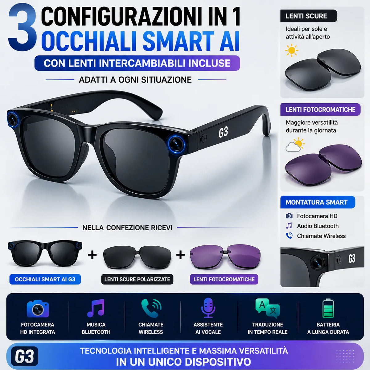 Occhiali smart AI neri con fotocamera HD e lenti scure, modulo blu laterale