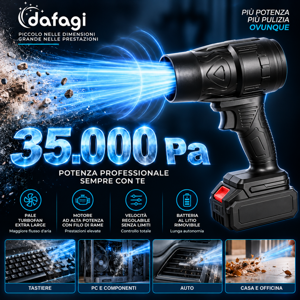Soffiatore cordless nero con tubo anteriore e flusso d’aria in evidenza