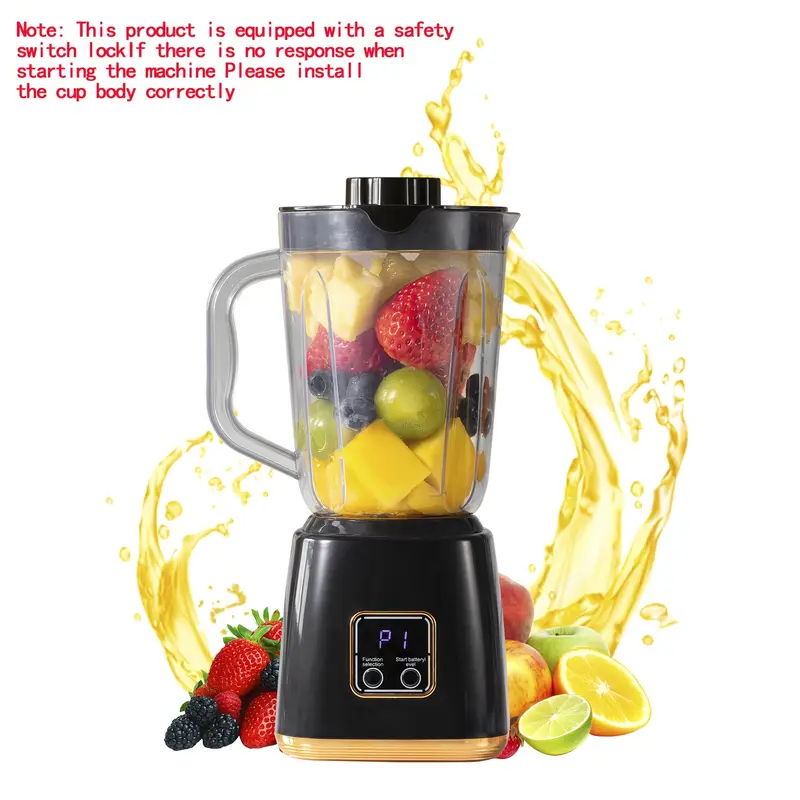 Frullatore portatile nero con caraffa trasparente e frutta in miscelazione