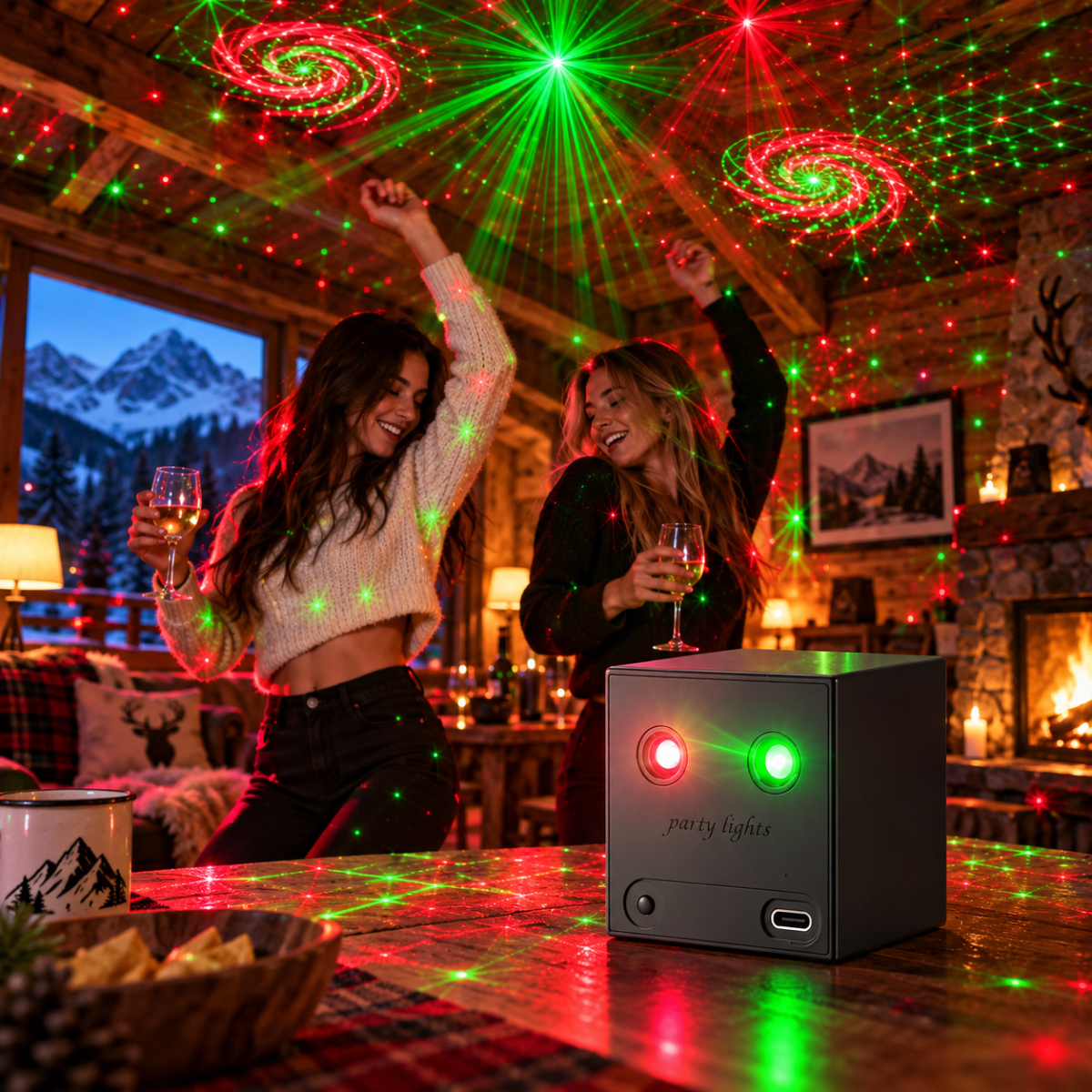 Mini proiettore laser nero RGB rosso e verde con luci a punti e spirali