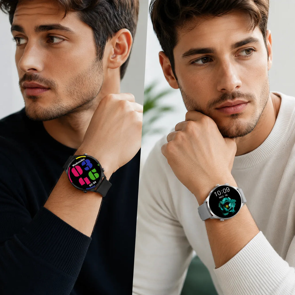 Smartwatch uomo con cinturino nero e bianco, display circolare con quadranti colorati