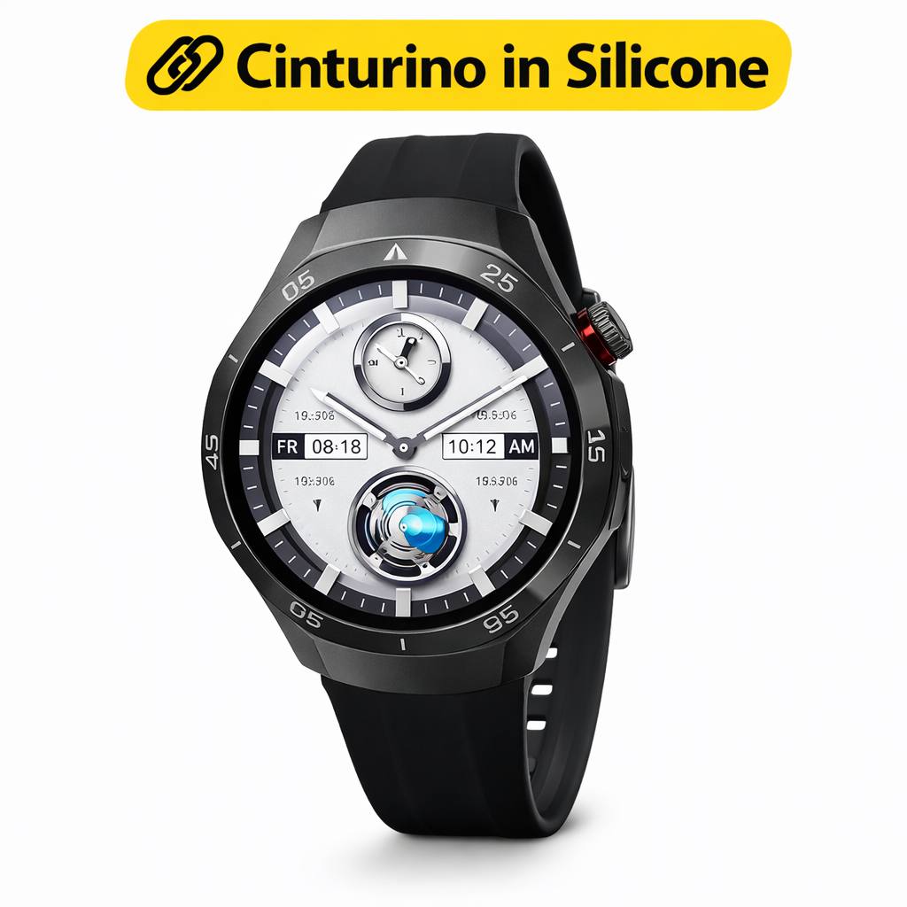Smartwatch con cinturino in silicone nero e quadrante grigio con orbita