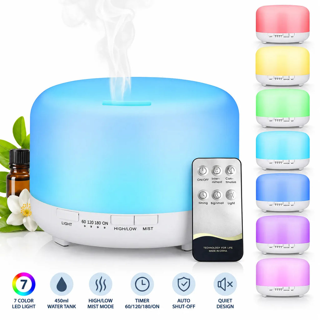 Diffusore di aromi a ultrasuoni bianco con coperchio blu e telecomando.