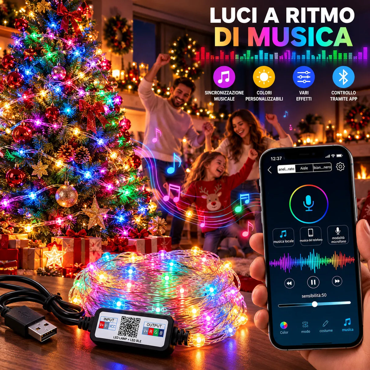 Luci LED RGB con sincronizzazione musicale e smartphone con controllo audio