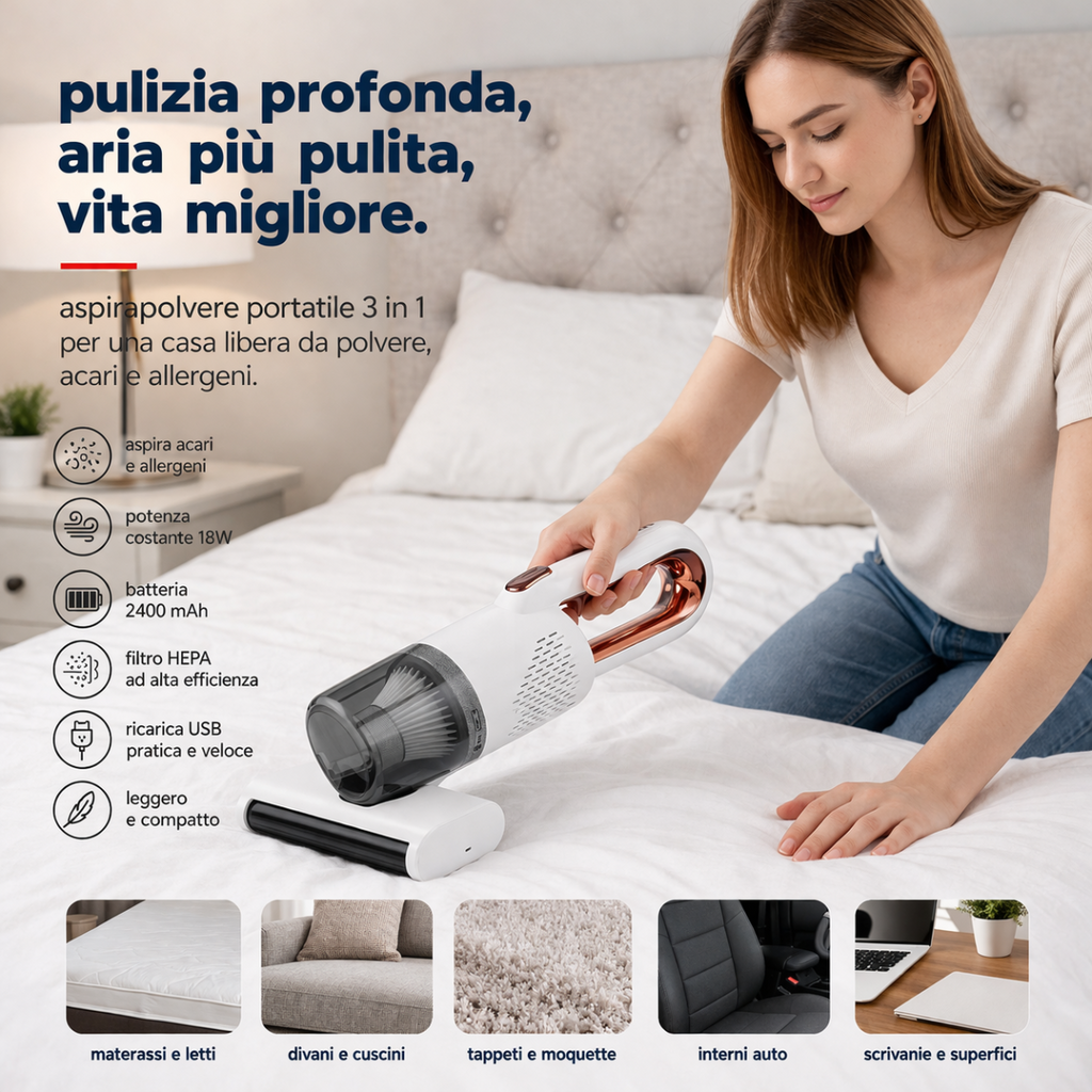 Aspirapolvere portatile bianco e grigio con bocchetta rame e filtro nel contenitore
