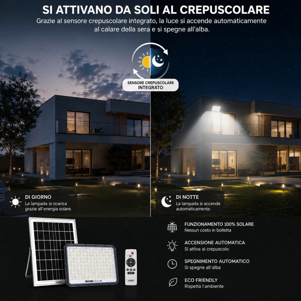 Faro LED solare con pannello fotovoltaico e telecomando, corpo nero