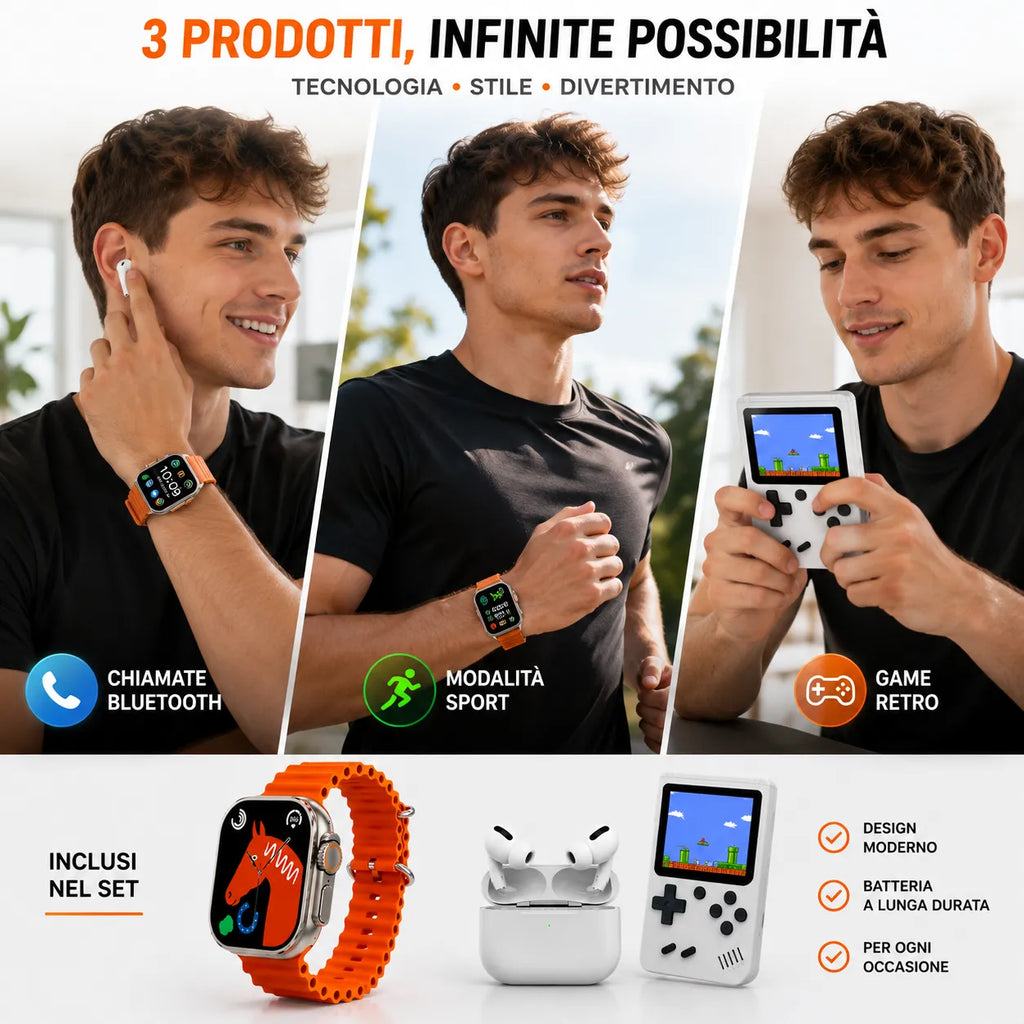 Persone con smartwatch arancione e mini console bianca, con auricolari TWS bianchi