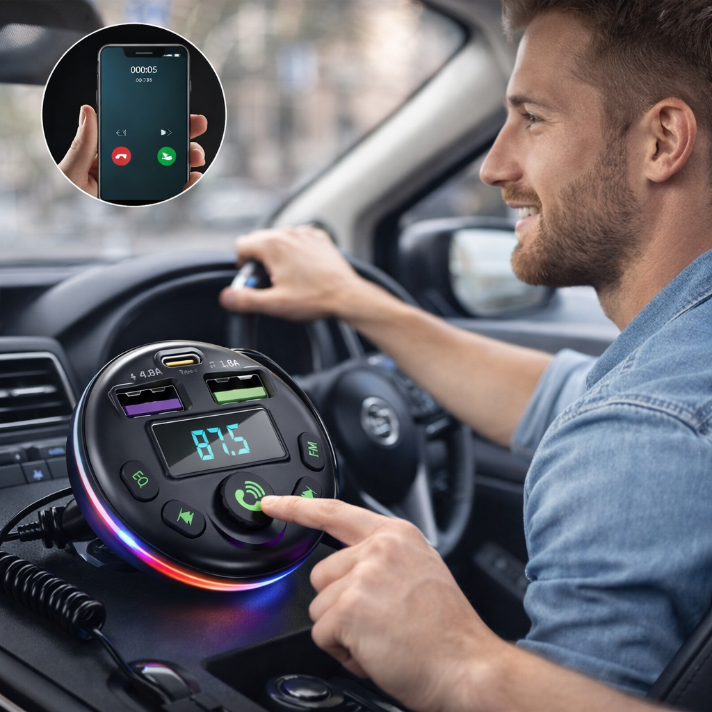 Trasmettitore FM Bluetooth per auto nero con schermo, pulsanti e icona vivavoce, adatto al cruscotto