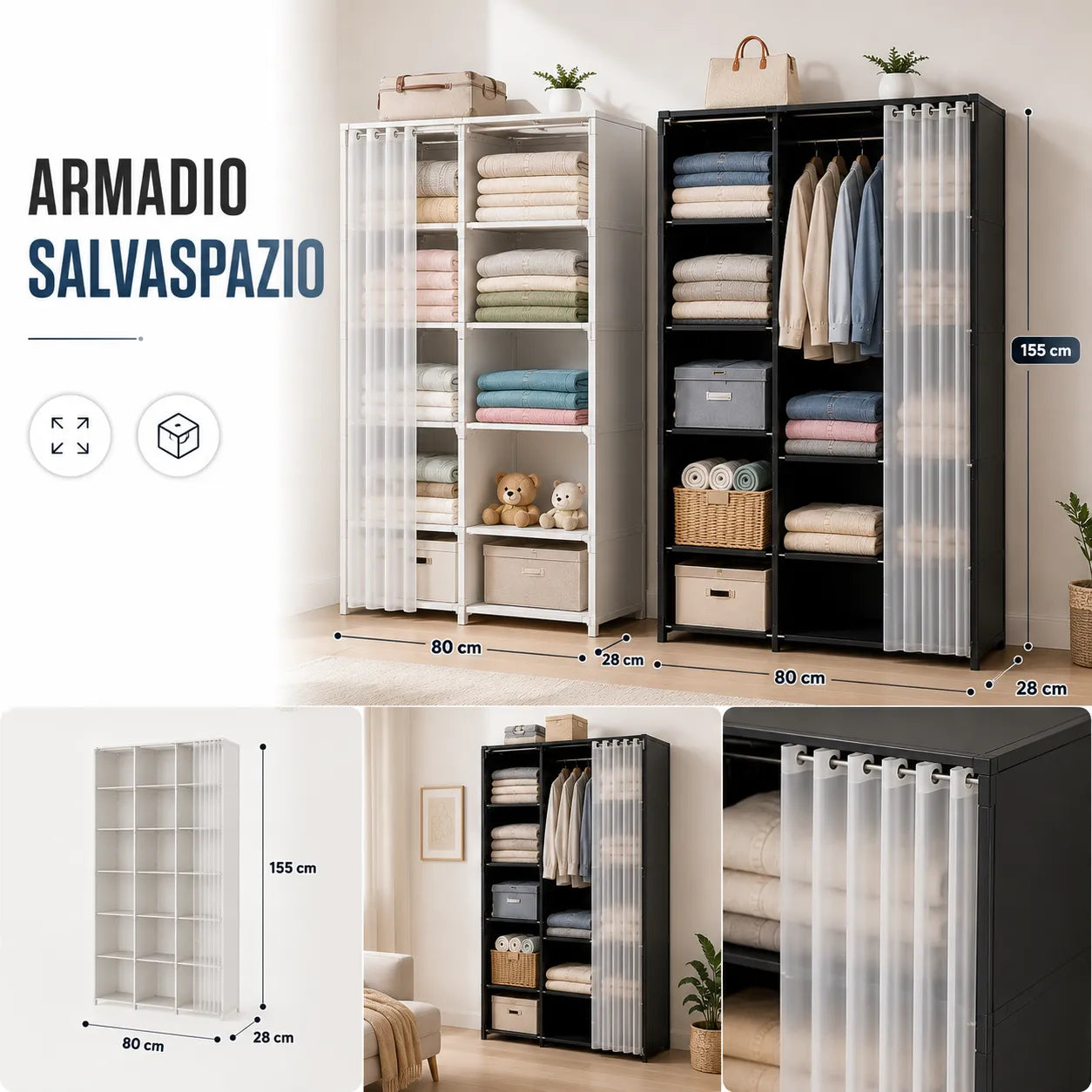 Armadio Guardaroba Salvaspazio con Tenda Scorrevole 155x80x28 cm – Organizzatore Multiuso per Camera, Cameretta e Lavanderia
