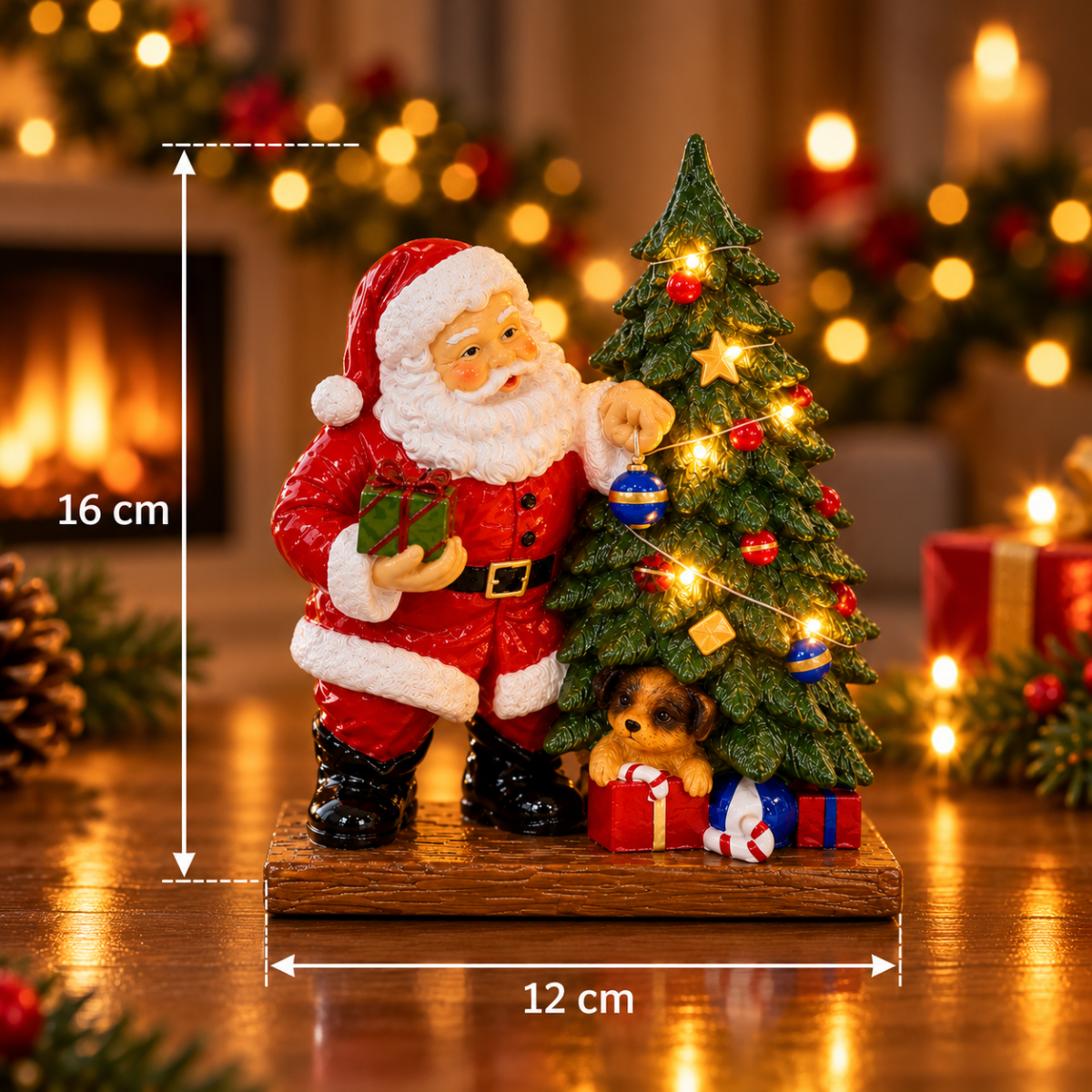 Decorazione natalizia Babbo Natale su base effetto legno con albero LED (16 cm)