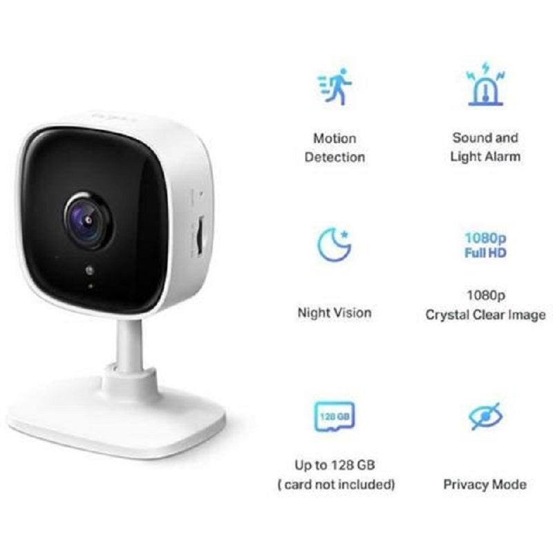 Telecamera WiFi da interno bianca con lente scura e base stabile