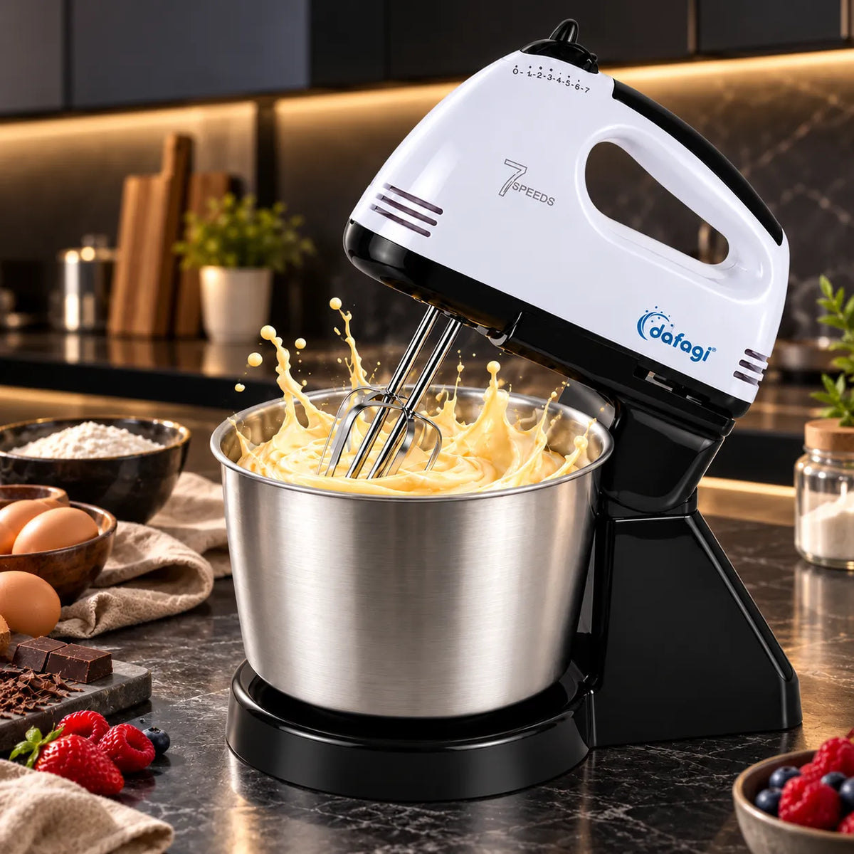 Sbattitore elettrico bianco/nero con ciotola inox e fruste metalliche montate.