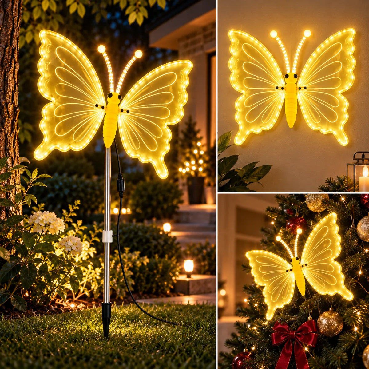 Farfalla LED decorativa 60 cm bianco caldo su asta e picchetto