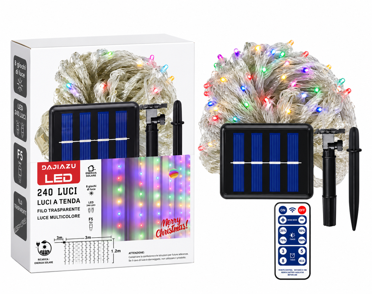 Confezione luci a tenda LED multicolore con pannello solare e telecomando