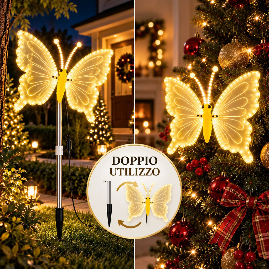 Farfalla LED decorativa bianco caldo su asta e picchetto, doppio utilizzo