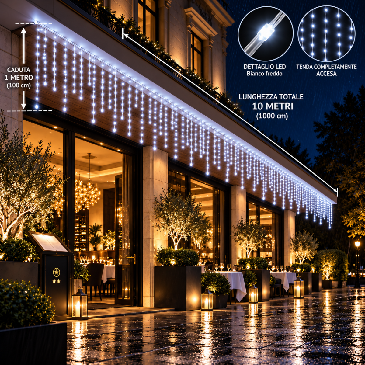 Tenda luminosa con luci a pioggia: 10 m, caduta 100 cm, 250 LED bianco freddo