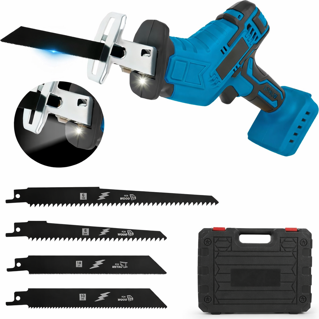 Seghetto Alternativo a Batteria 48V Portatile con 4 Lame – Sega Elettrica Multifunzione per Legno, Metallo e PVC con Luce LED, Motore Potente e Valigetta
