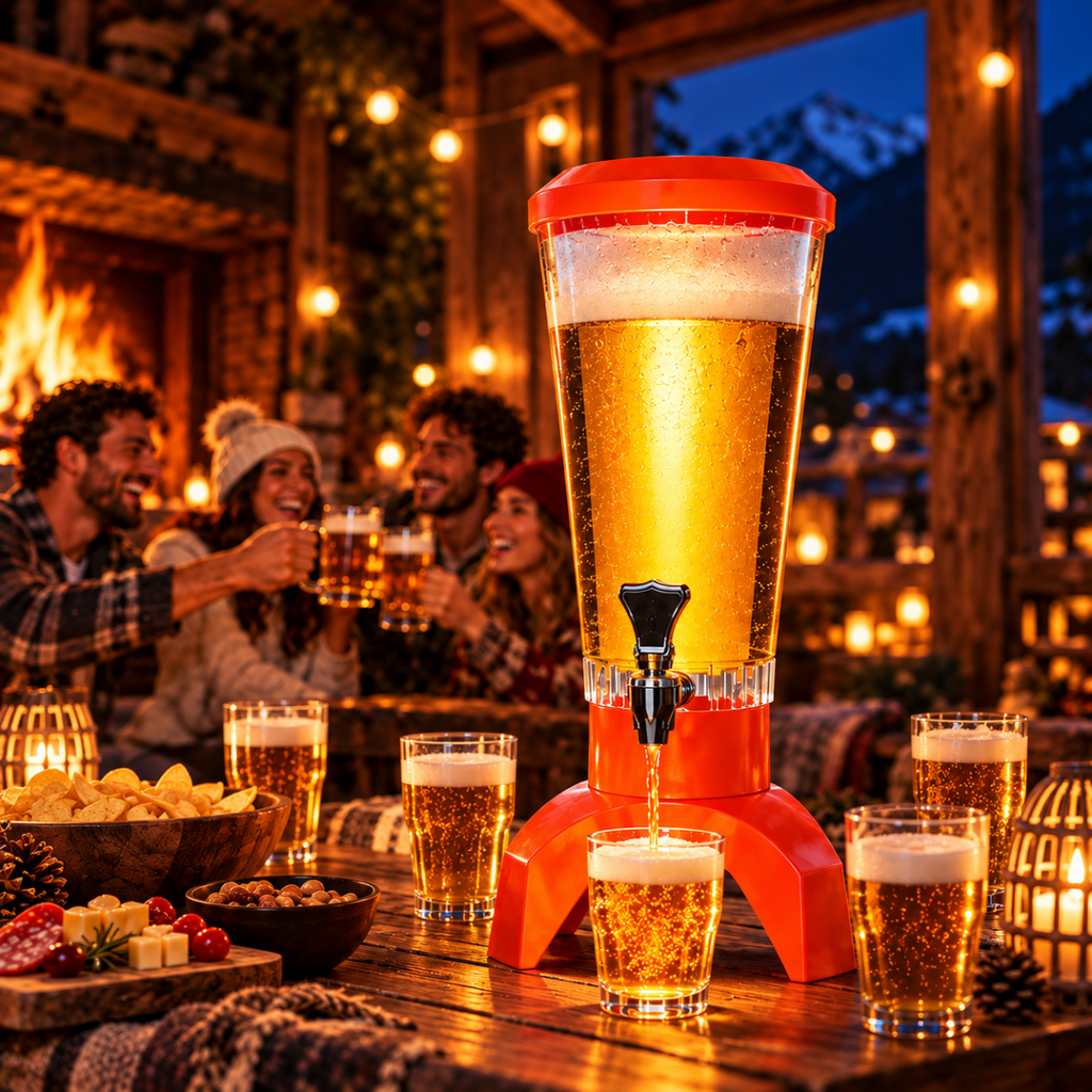 Dispenser birra a torre rosso con serbatoio trasparente e rubinetto, illuminato
