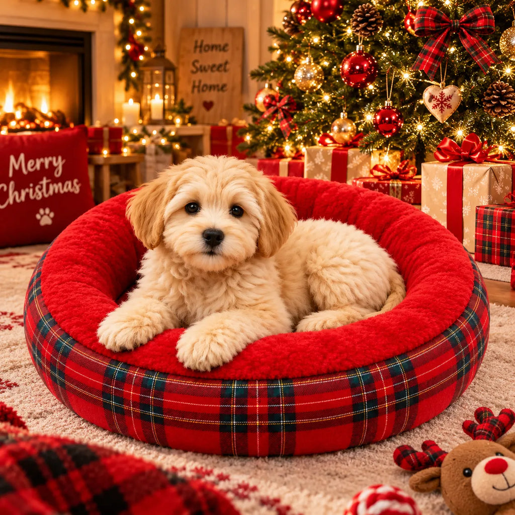 Cuccia rotonda per animali, morbida, rosso tartan con bordo imbottito