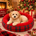 Cuccia rotonda per animali, morbida, rosso tartan con bordo imbottito