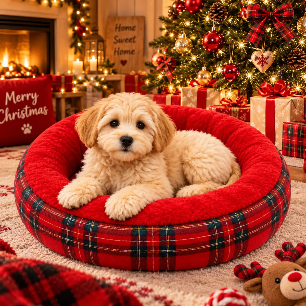 Cuccia rotonda per animali, morbida, rosso tartan con bordo imbottito