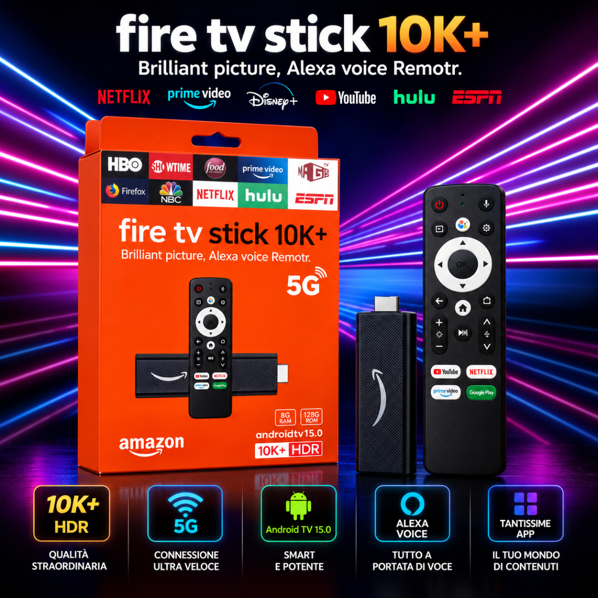 Confezione arancione Amazon con smart TV stick 10K+ e telecomando nero 5G