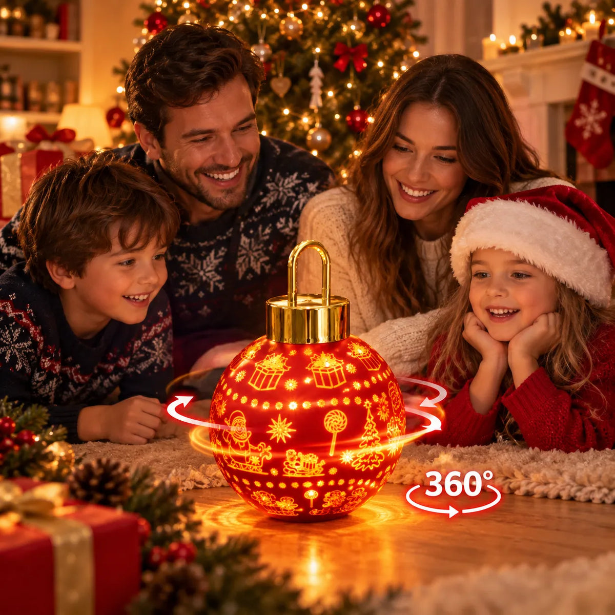 Palla di Natale luminosa LED rossa con maniglia, illuminazione calda e 360°