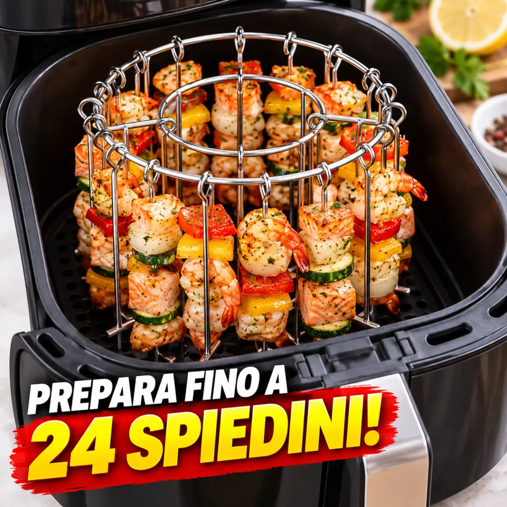 Griglia per Friggitrice ad Aria in Acciaio Inox con 24 Spiedini Verticali Rimovibili, Supporto Circolare per Kebab, Carne, Pollo, Pesce e Verdure