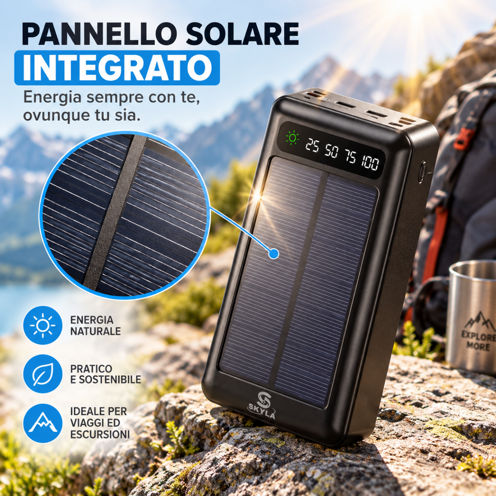 Power bank solare SKYLA SKY-2608 nero con pannello solare integrato e display.