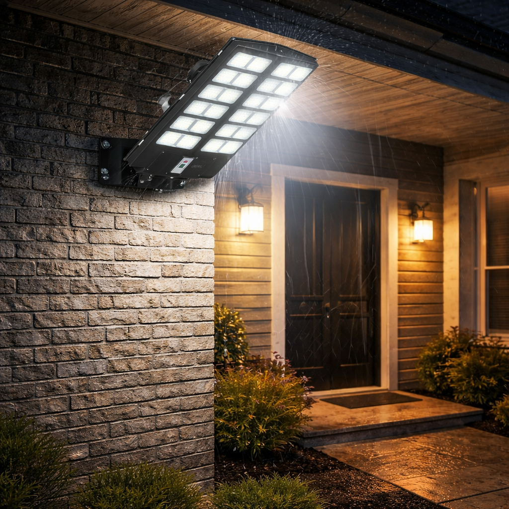 Lampione Solare LED 1800W con Telecomando – 23000mAh, Sensore Movimento, IP66 Impermeabile, Faro Stradale Esterno Alta Luminosità
