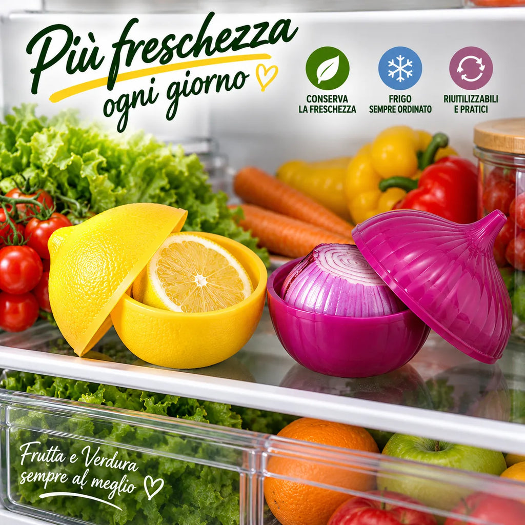 Set contenitori in plastica per limone e cipolla con coperchi gialli e viola