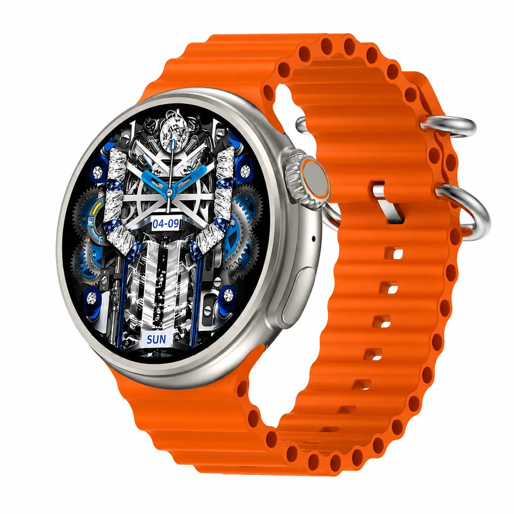 Smartwatch con cinturino arancione, quadrante meccanico blu