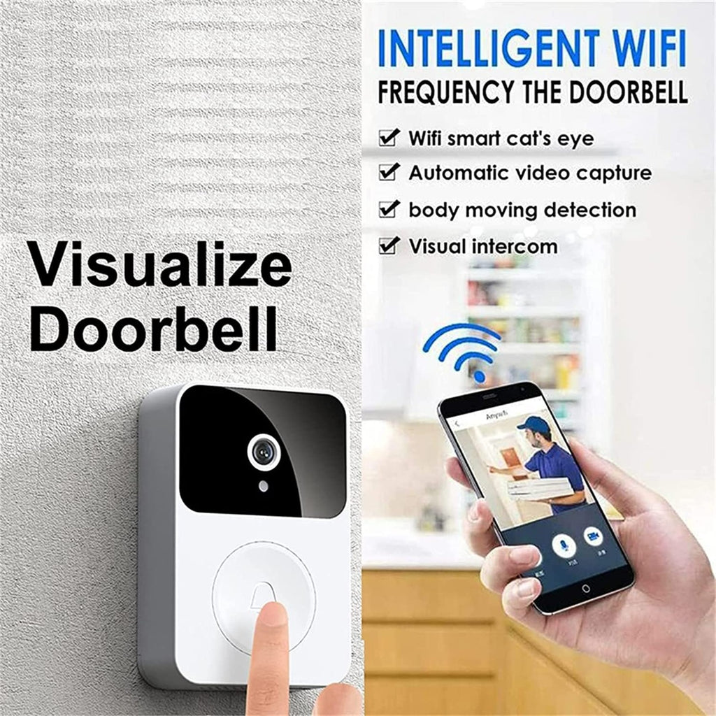 Campanello videocitofono Wi‑Fi bianco da esterno con camera nera e pulsante circolare