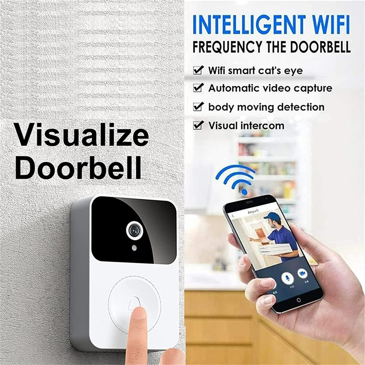 Campanello videocitofono Wi‑Fi bianco da esterno con camera nera e pulsante circolare