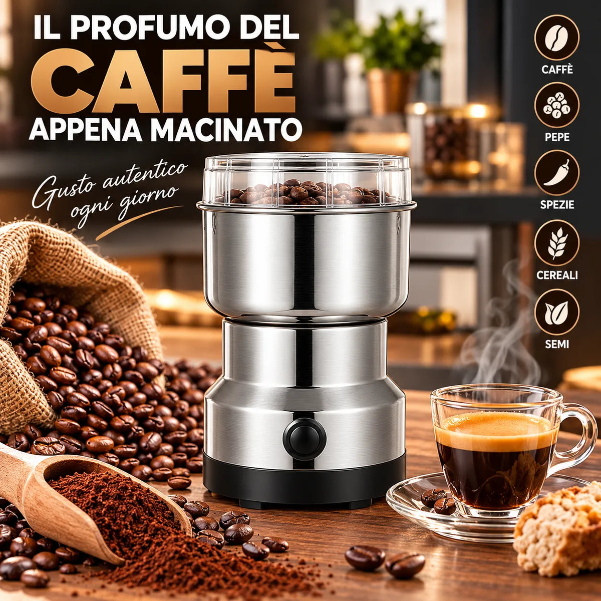 Macina caffè elettrico in acciaio inox con contenitore trasparente e tazza di caffè