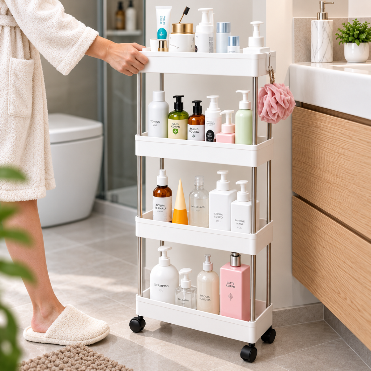 Carrello portaoggetti bianco a 4 ripiani con ruote, organizer stretto per cosmetici