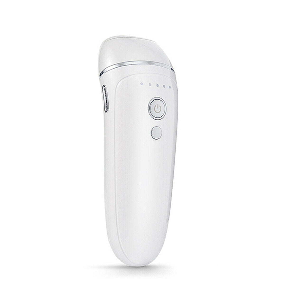 Epilatore a luce pulsata bianco con pulsante di accensione e controlli