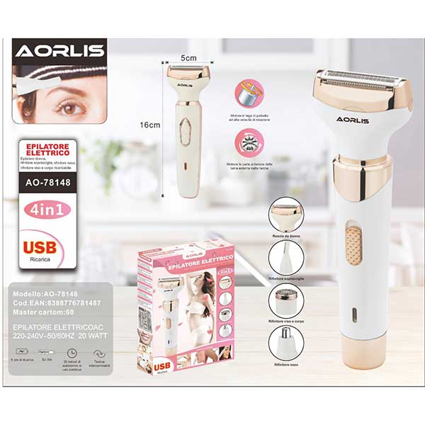 Epilatore per donna Aorlis 4 in 1 bianco con testina da rasatura dorata
